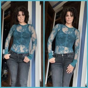 Intimately Free People Floral Mesh Layering Top Teal Sz Small